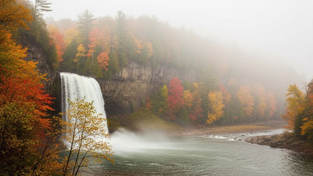 A serene waterfall cascades through a lush forest during autumn, surrounded by vibrant foliage and mist.の素材