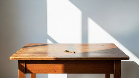 A wooden table with a set of keys placed on it, illuminated by natural light.の素材