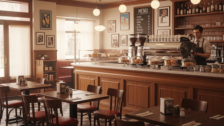 A warm and inviting cafe interior with wooden furniture and a barista at work.の素材