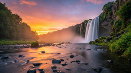 A serene waterfall cascades into a tranquil river surrounded by lush greenery during a beautiful sunset.の素材
