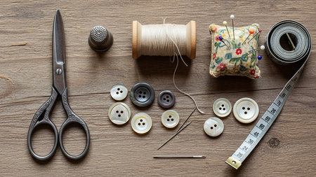Sewing accessories on wooden background. Sewing tools: scissors, thread, needles, thimble, buttonsの素材