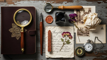 Vintage still life with old letter, magnifying glass, pen, inkwell, magnifying glass and flowersの素材