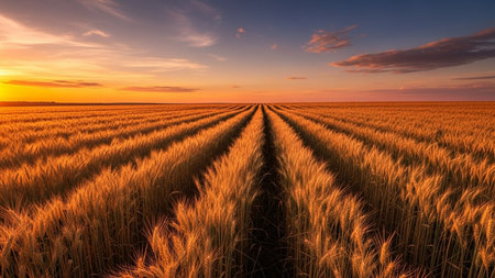 Sunset or sunrise in an agricultural field with ears of young golden ryeの素材