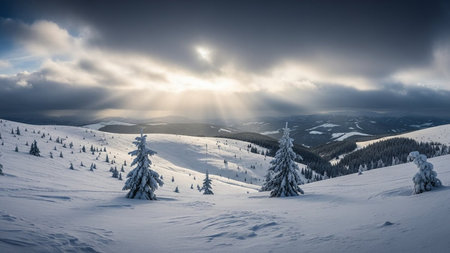 Majestic sunset in the winter mountains landscape. Dramatic wintry scene. Carpathian, Ukraine, Europe. Beauty world.の素材