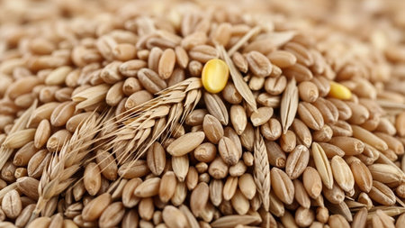 Wheat grains close up. Whole grain background. Healthy food.の素材