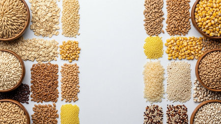 Variety of grains and cereals in wooden bowls on white backgroundの素材