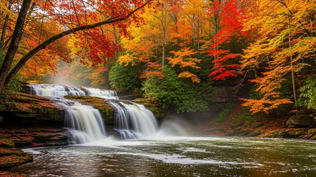 Autumn waterfall in the forest. Colorful foliage in fall season.の素材