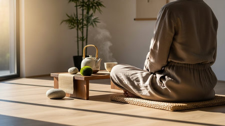 Relaxed woman sitting in lotus position on wooden table in living roomの素材