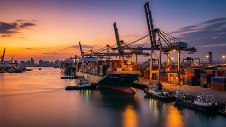 Container Cargo freight ship with working crane bridge at dusk for Logistic Import Export backgroundの素材