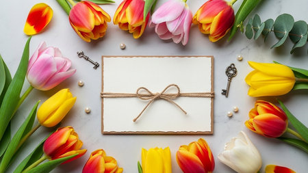 Bouquet of tulips and greeting card on white marble background.の素材