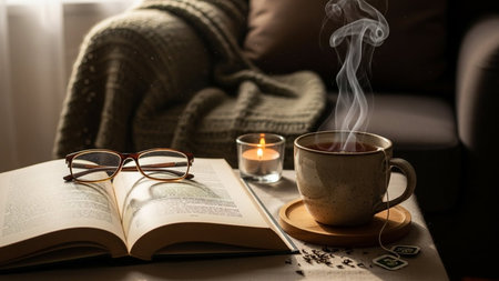 Cup of hot tea with book and glasses on wooden table at homeの素材