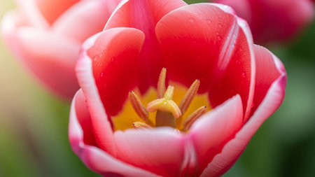 Close up of pink tulip flower with water drops on petalsの素材