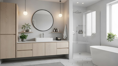 Interior of modern bathroom with white walls, tiled floor, comfortable white bathtub and round mirror. 3d renderingの素材