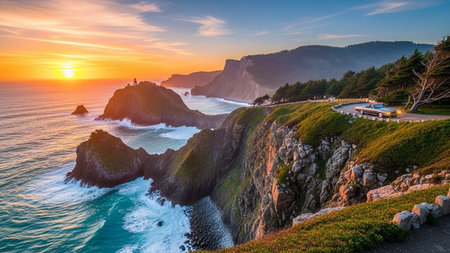 Sunset over the Pacific Ocean in Big Sur, California, USAの素材