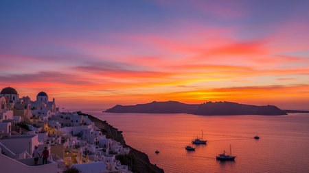 Beautiful sunset over Santorini island, Greece. Panoramaの素材