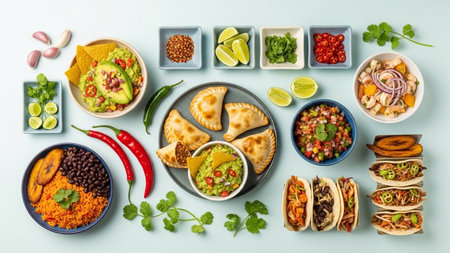 Mexican food on blue background. Top view, flat lay.の素材