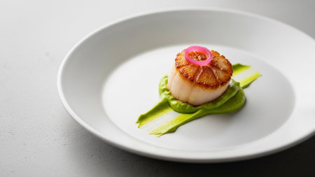 Delicious scallops with green sauce on white plate, closeupの素材