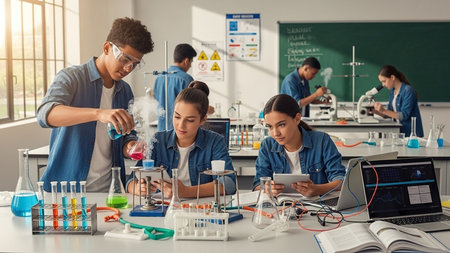 Group of students studying chemistry in laboratory. Group of young students doing research in chemistry class.の素材