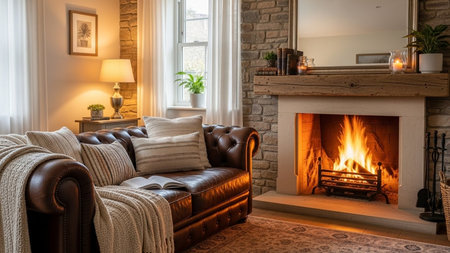 Luxury living room with fireplace, leather sofa and pillowsの素材