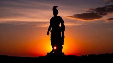 Silhouette of Buddha statue at sunset, Thailand. Religious concept.の素材