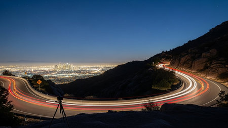 Car light trails on the road at night. Long exposure photo.の素材