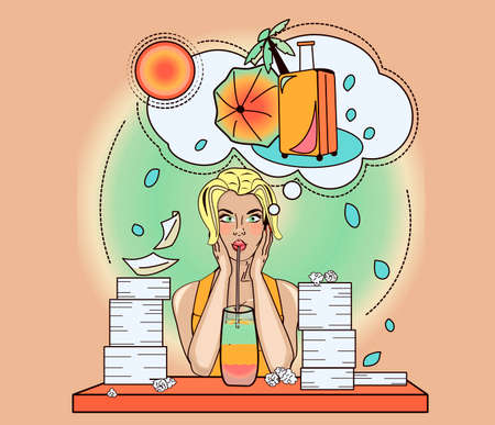 Illustration in nude tones. a tanned girl sits at a table with a pile of papers and dreams or remembers about a vacationのイラスト素材