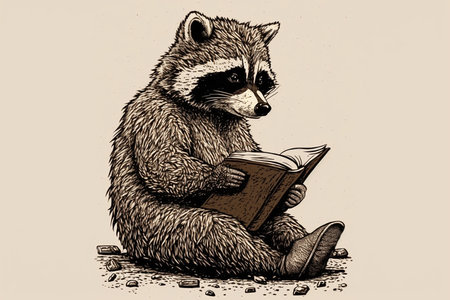A drawing of a raccoon reading a book. Illustration of educational book for children.の素材