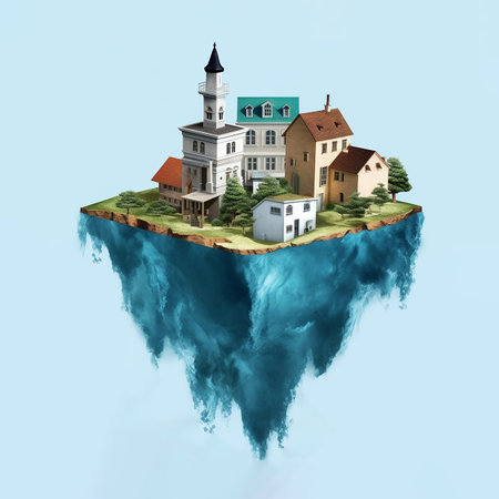 Island with houses on a blue background. Earth in global warming.の素材