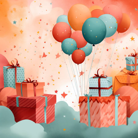 Nice watercolour illustration with gift boxes and balloonsの写真素材