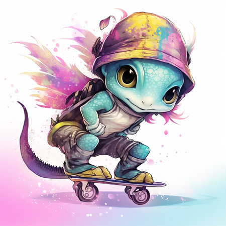 Little Baby chameleon on skateboard. Cute cartoon character. Vector illustration.の素材