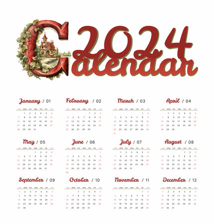Calendar 2024 with a decorated letter Cのイラスト素材