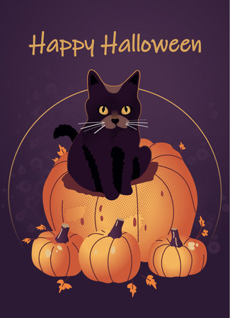Postcard with cute halloween cat and pumpkinsのイラスト素材