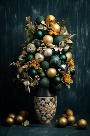 Beautiful Christmas bouquet with golden and green balls on dark backgroundの素材