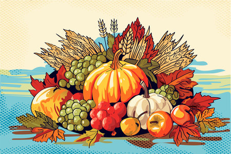 Autumn harvest with pumpkins, apples and grapes.  Thanksgiving Vector illustration.のイラスト素材
