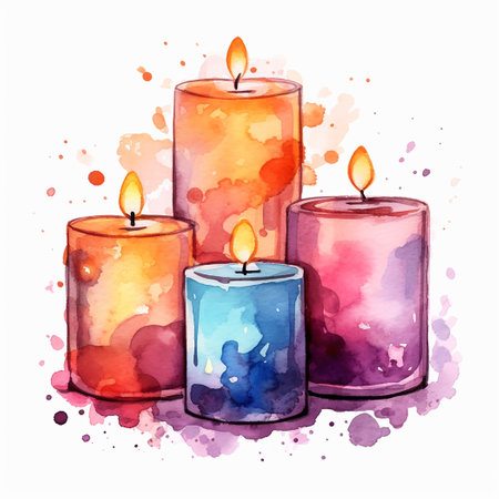 Watercolor candles on a white background. Hand-drawn illustration.の素材