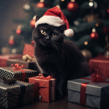 Cute black cat in santa hat sitting near christmas treeの素材