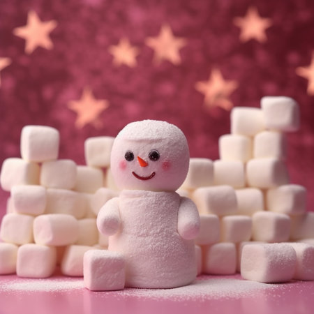 Snowman and marshmallows on pink background. Christmas background.の素材