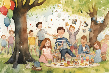 Happy family having picnic in the park. Watercolor  illustrationの素材