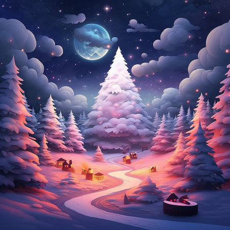 Winter night landscape with fir trees, moon and houses. Vector style illustration.の素材