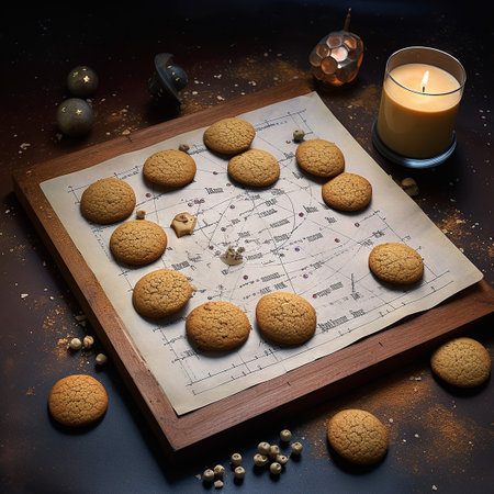 Oatmeal cookies, candle and map on a dark backgroundの素材