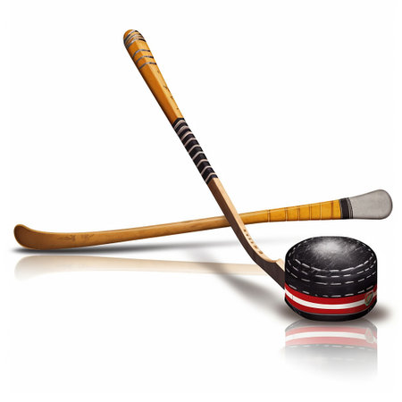Hockey sticks and puck isolated on white background. 3D illustration.の素材
