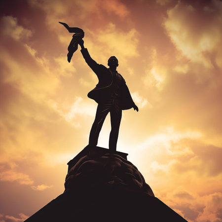 Silhouette of a man with a flag in his hand against the skyの素材