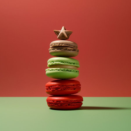 Multicolored macaroons on red and green background, sweet foodの素材