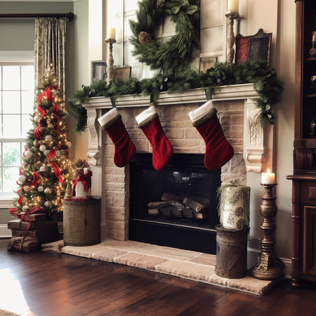 Red stockings on the fireplace near christmas treeの素材