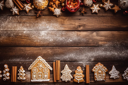 Christmas gingerbread cookies on wooden background. Empty space photoの素材