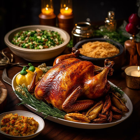 Roasted turkey on christmas table with bulgur, vegetables and spicesの素材