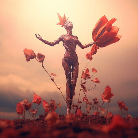 Fantasy woman in the field of red poppies. 3d renderingの素材