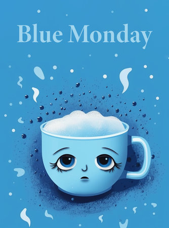 Coffee mug with sad face on blue background. Blue monday illustration.の素材