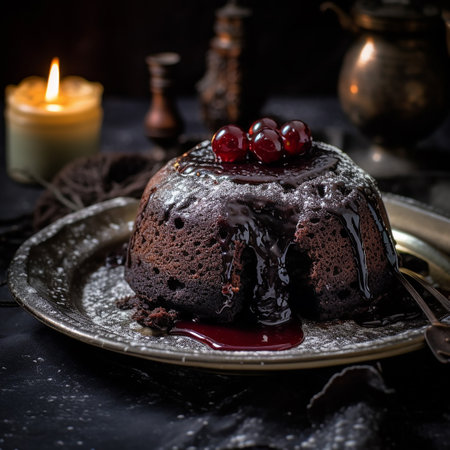 Chocolate bundt cake with cherry on a dark background. Selective focus.の素材