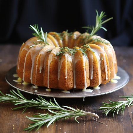 Homemade bundt cake with white glaze and rosemary on wooden backgroundの素材